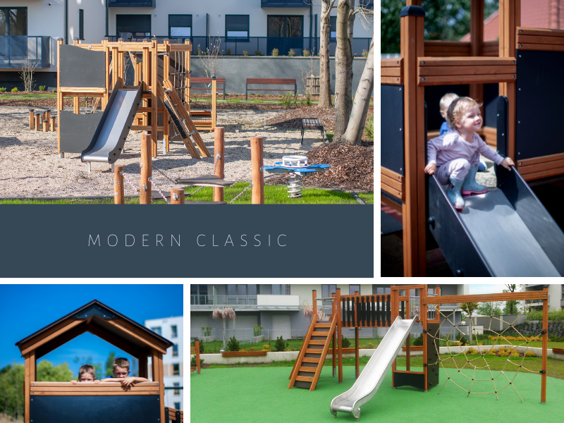 classic playground made of larch wood for residential areas