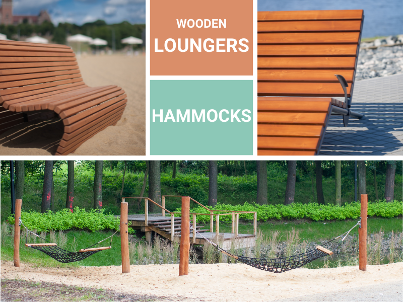 wooden hammocks and loungers for urban space
