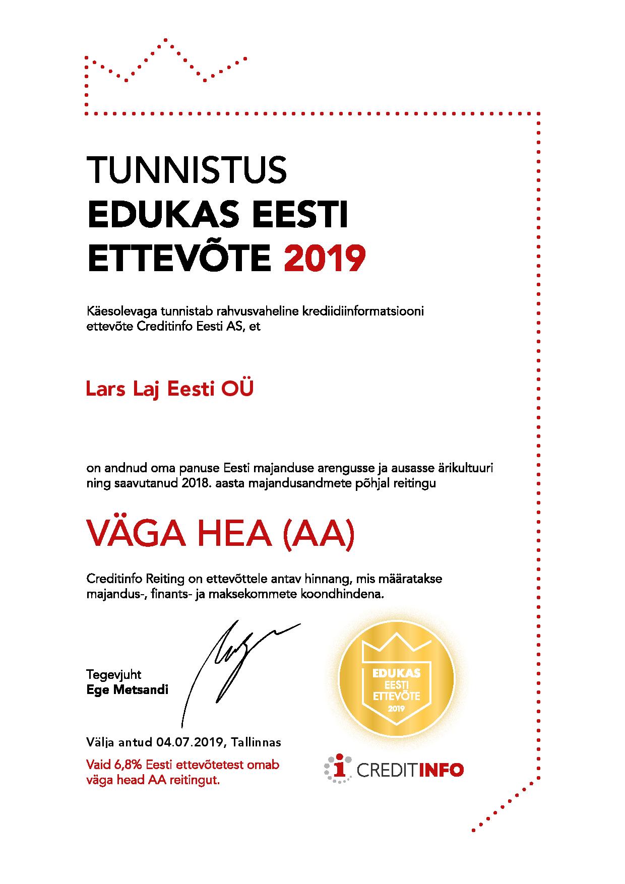 Lars Laj Eesti Edukas Eesti Ettevõte 2019 märgis Lars Laj Eesti Edukas Eesti Ettevõte