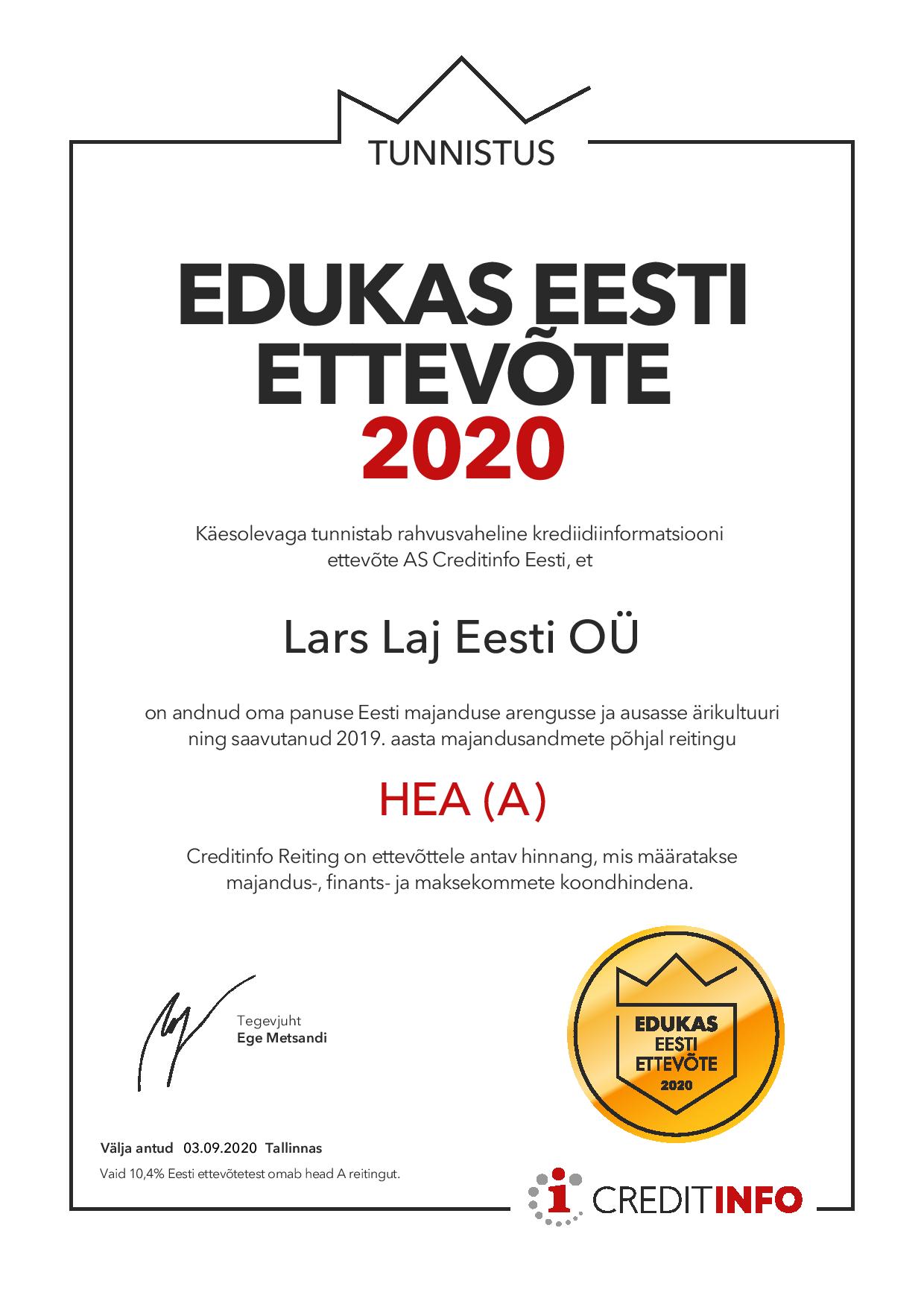 Lars Laj Eesti “Edukas Eesti Ettevõte 2020” märgis Lars Laj Eesti Edukas Eesti Ettevõte 2020